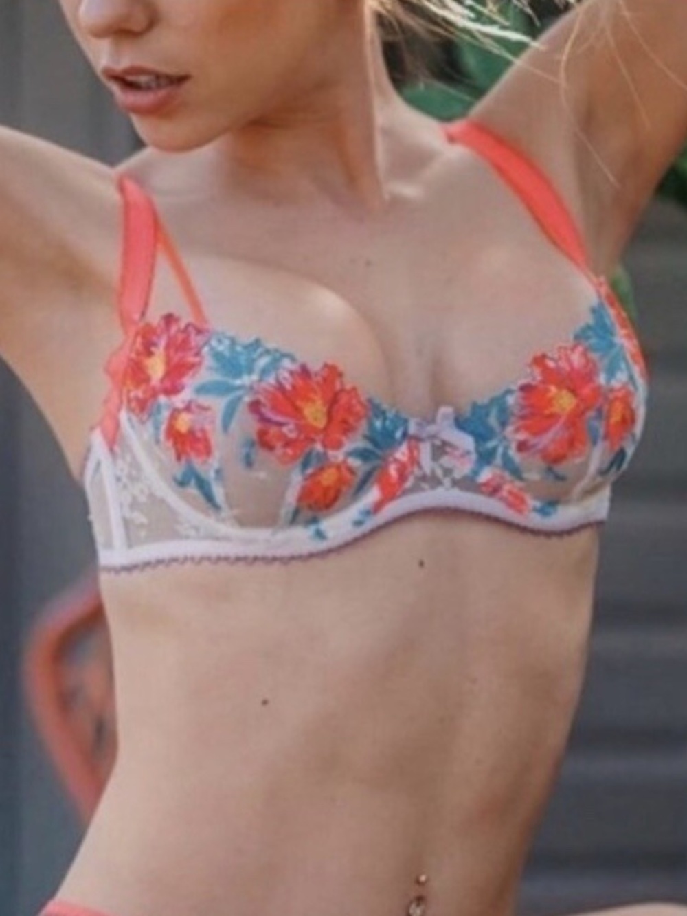 For Love & Lemons Bright Coral & White Floral Unlined Bra